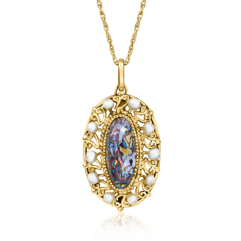 C. 1950 Vintage White Opal Pendant Necklace with 2.5mm Cultured Pearls in 14kt Yellow Gold. 18" image number 0