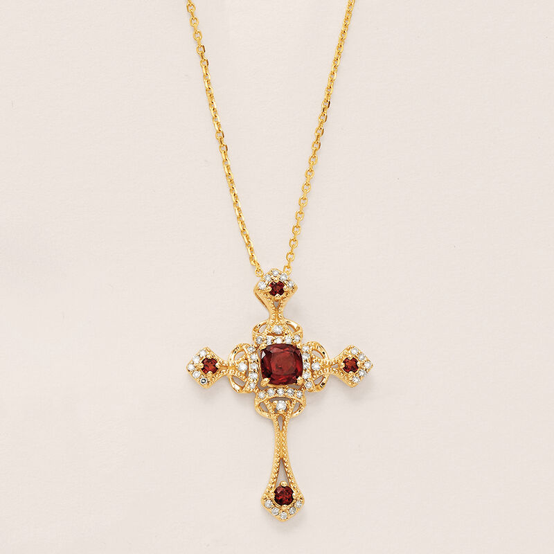 1.00 ct. t.w. Garnet and .19 ct. t.w. Diamond Cross Pendant Necklace in 14kt Yellow Gold image number 3