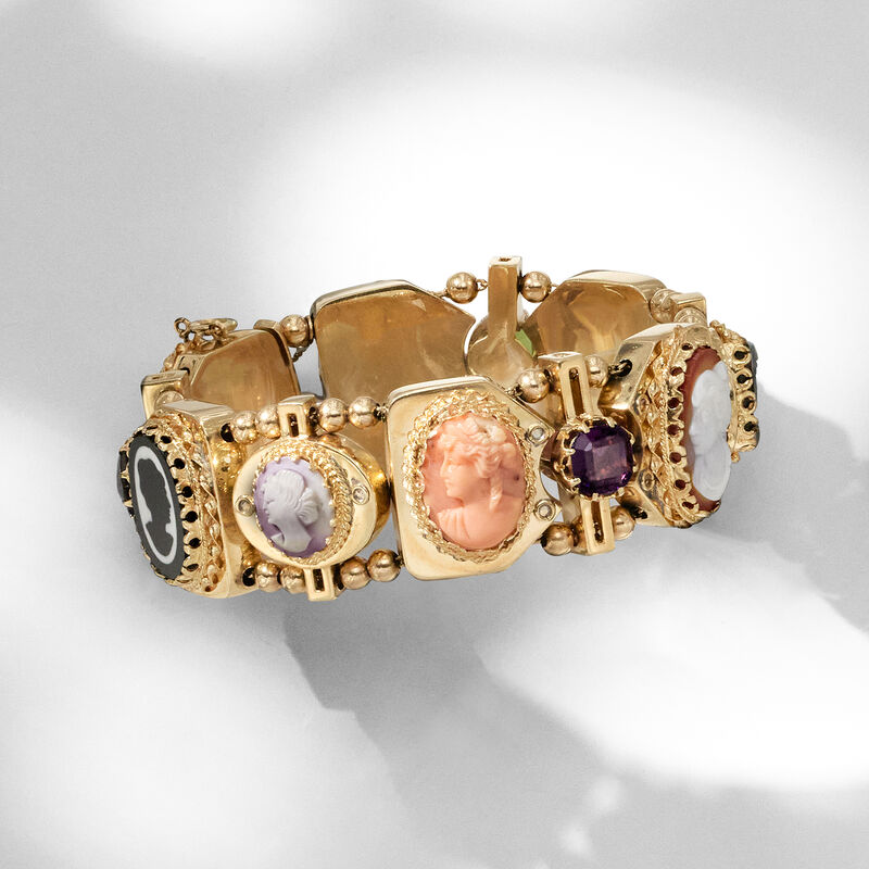 C. 1950 Vintage Multi-Gemstone Cameo Slide Charm Bracelet in 14kt Yellow Gold. 7&quot; image number 4