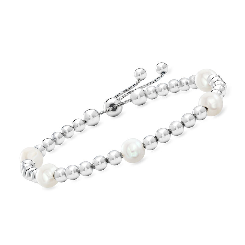 7-7.5mm Cultured Pearl and Sterling Silver Bead Station Bolo Bracelet  image number 0