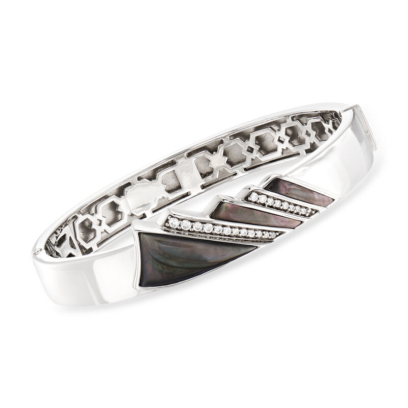 Belle Etoile &quot;Empire&quot; Black Mother-Of-Pearl and .36 ct. t.w. CZ Bangle Bracelet in Sterling Silver image number 0