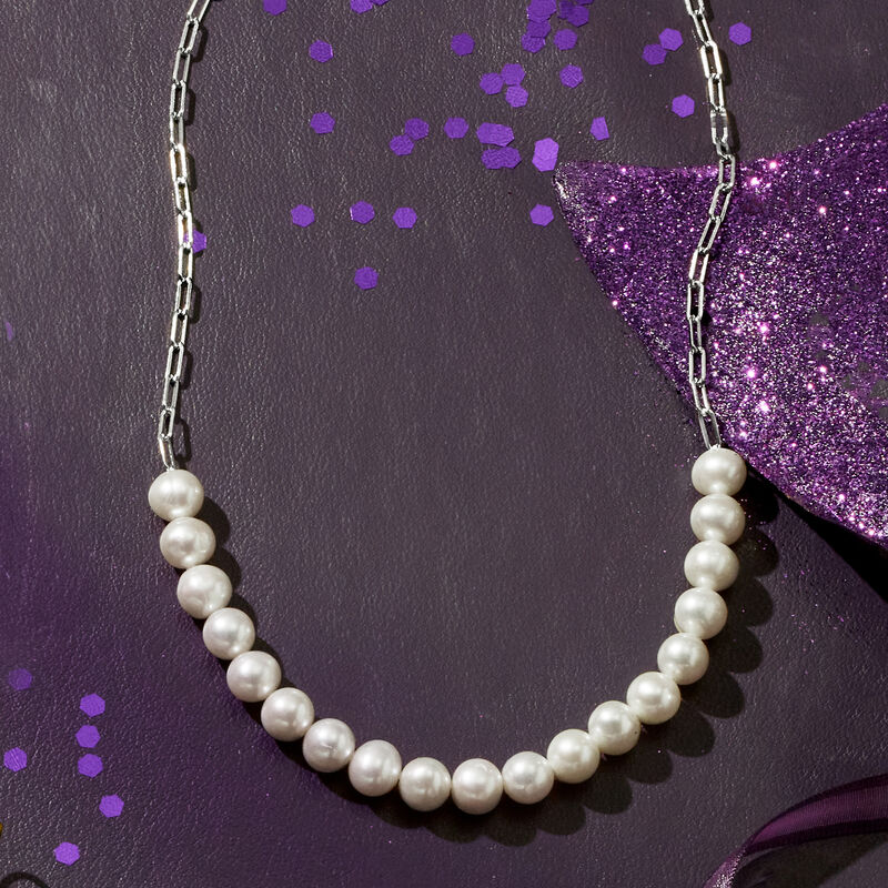 4-7mm Cultured Pearl and Paper Clip Necklace in Sterling Silver. 18&quot; image number 3