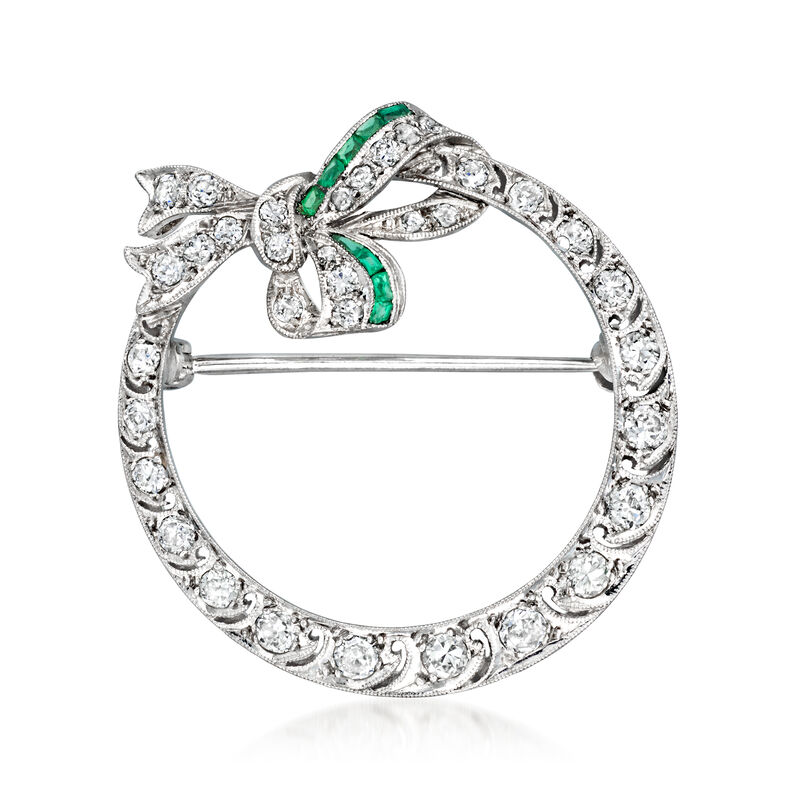 C. 1970 Vintage 1.00 ct. t.w. Diamond Filigree Circle Pin with Simulated Emeralds in Platinum image number 0
