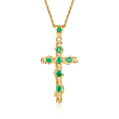 C. 1970 Vintage 1.05 ct. t.w. Emerald Cross Pendant Necklace in 18kt Yellow Gold