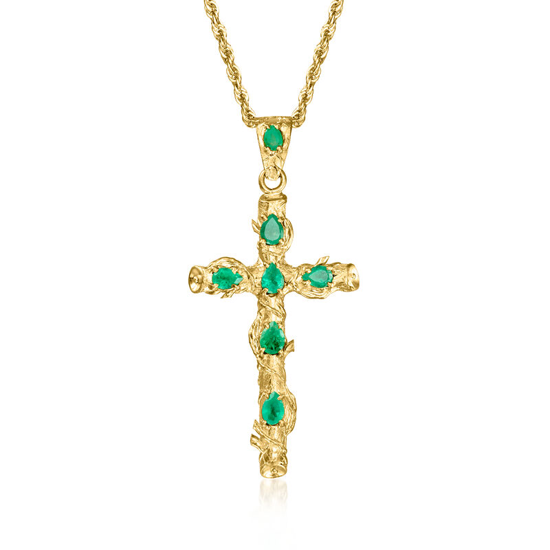 C. 1970 Vintage 1.05 ct. t.w. Emerald Cross Pendant Necklace in 18kt Yellow Gold. 18" image number 0