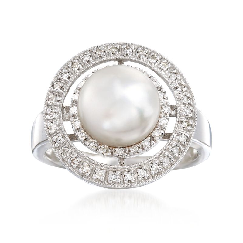 8.5mm Cultured Pearl and .20 ct. t.w. Diamond Double Halo Ring in 14kt White Gold  image number 0