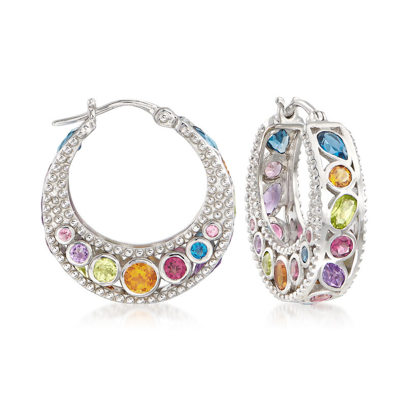 6.70 ct. t.w. Multi-Stone Hoop Earrings in Sterling Silver. 1&quot; image number 0
