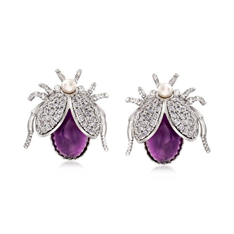 Italian Cultured Pearl and 6.00 ct. t.w. Amethyst Beetle Earrings with 1.50 ct. t.w. CZs in Sterling Silver image number 0