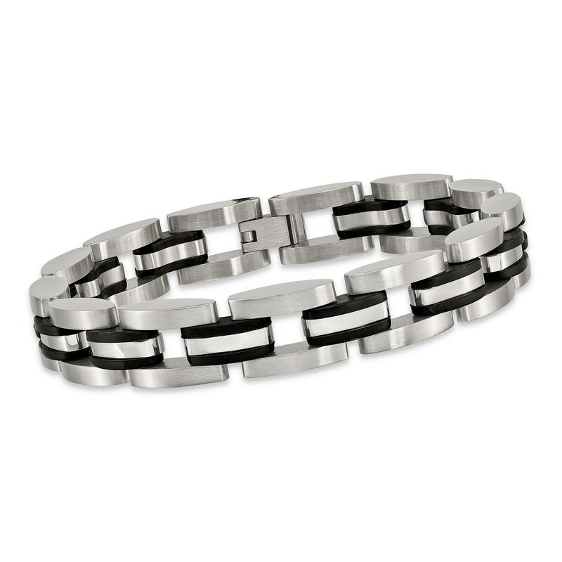 Men's Stainless Steel Link Bracelet with Black Rubber image number 0