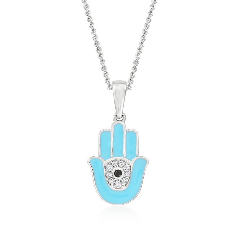 .10 ct. t.w. White Topaz Hamsa Hand Pendant Necklace in Sterling Silver with Blue Enamel and Black Spinel Accent. 18&quot; image number 1