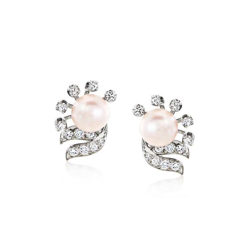 C. 1980 Vintage 8.5mm Cultured Pearl and 1.10 ct. t.w. Diamond Swirl Earrings in Platinum image number 0