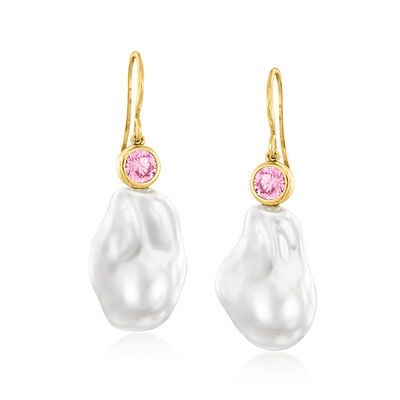 14kt Yellow Gold-Plated Drop Earrings with Simulated Pink Gemstones and Pearls