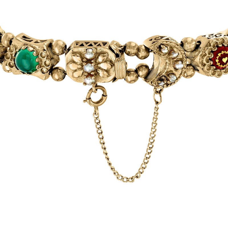 C. 1960 Vintage 1.03 ct. t.w. Multi-Gemstone Slide Charm Bracelet with Seed Pearls in 14kt Yellow Gold image number 2