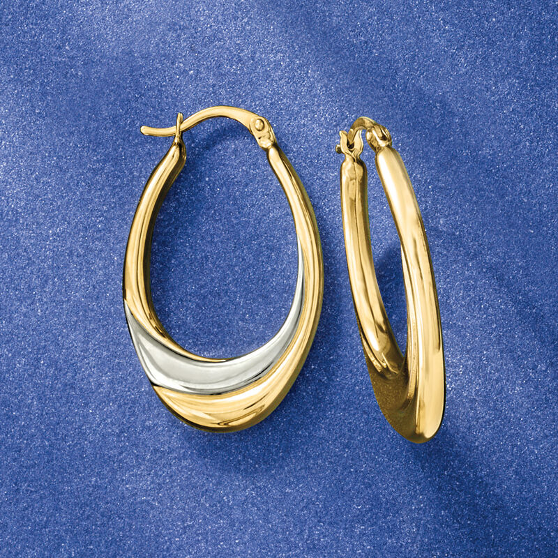 14kt Two-Tone Gold Oval Hoop Earrings. 1 1/4&quot; image number 3