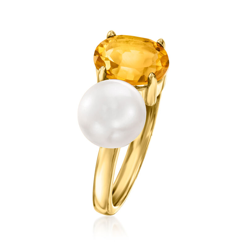7.5-8mm Cultured Pearl and 1.60 Carat Citrine Toi et Moi Ring in 18kt Gold Over Sterling image number 2