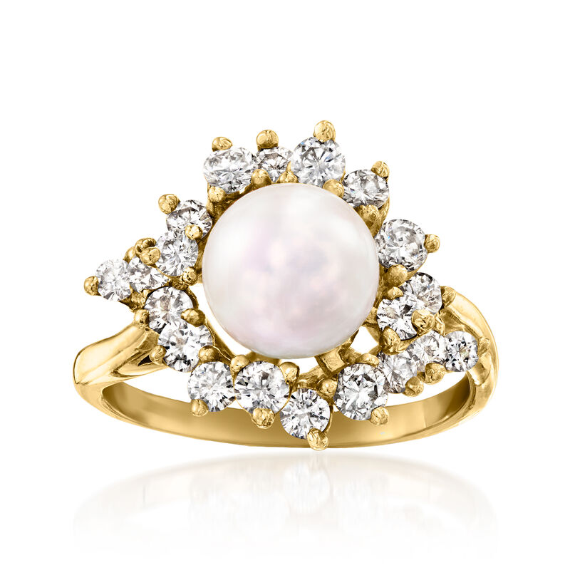 C. 1980 Vintage 8mm Cultured Pearl and 1.00 ct. t.w. Diamond Cluster Ring in 14kt Yellow Gold. Size 7.5 image number 0
