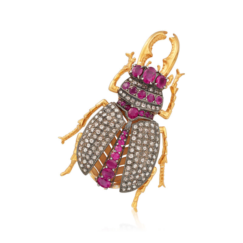 C. 1960 Vintage 2.00 ct. t.w. Ruby and 1.50 ct. t.w. Diamond Bug Pin/Pendant in 14kt Gold Over Sterling image number 0