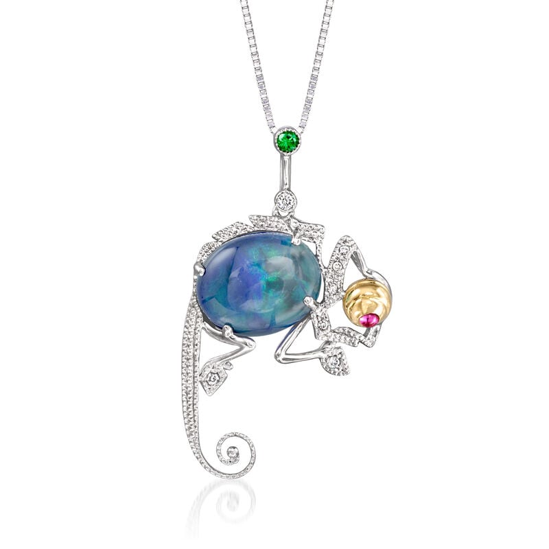 C. 1990 Vintage Black Opal and .12 Carat Tsavorite Chameleon Pendant Necklace with Diamonds and Single Pink Sapphire in 18kt Two-Tone Gold. 18" image number 0