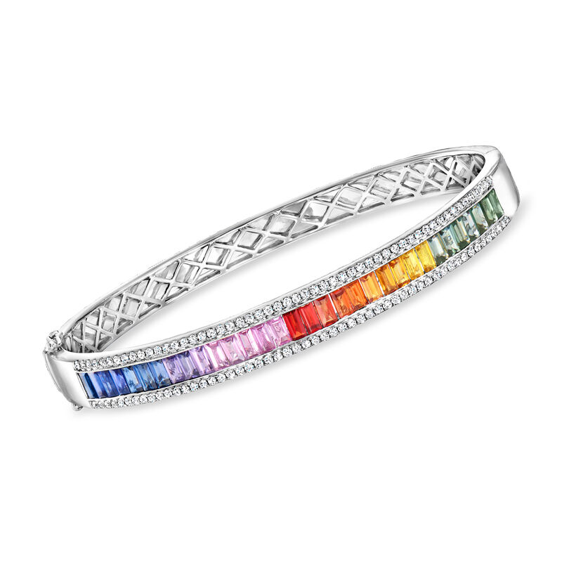 5.00 ct. t.w. Multicolored Sapphire Bangle Bracelet with .73 ct. t.w. Diamonds in 14kt White Gold. 7&quot; image number 0
