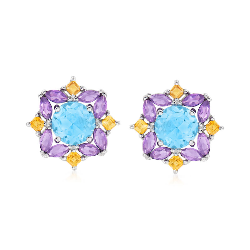 3.10 ct. t.w. Blue Topaz, 1.10 ct. t.w. Amethyst and .30 ct. t.w. Citrine Earrings in Sterling Silver image number 0