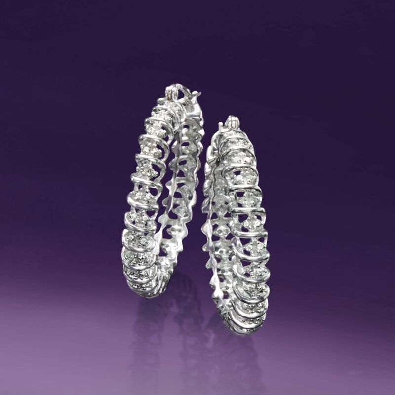 1.00 ct. t.w. Diamond Hoop Earrings in Sterling Silver. 1 3/8&quot; image number 2