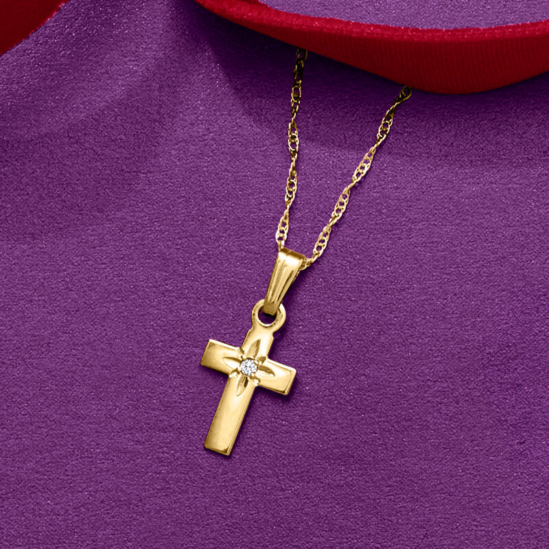 Baby's 14kt Yellow Gold Cross Pendant Necklace with Single Diamond. 13&quot; image number 2