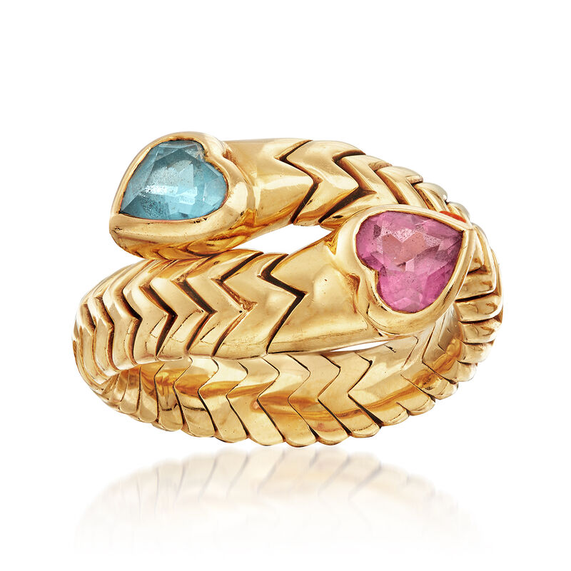 C. 1990 Vintage Bulgari .60 Carat Blue Topaz and .50 Carat Pink Tourmaline Heart Bypass Ring in 18kt Yellow Gold. Size 7.5 image number 0