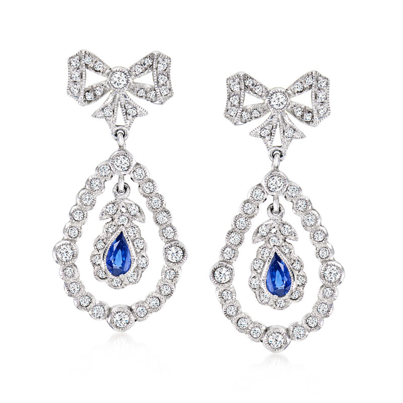 C. 1990 Vintage 1.02 ct. t.w. Diamond and .40 ct. t.w. Sapphire Bow Drop Earrings in 18kt White Gold  image number 0