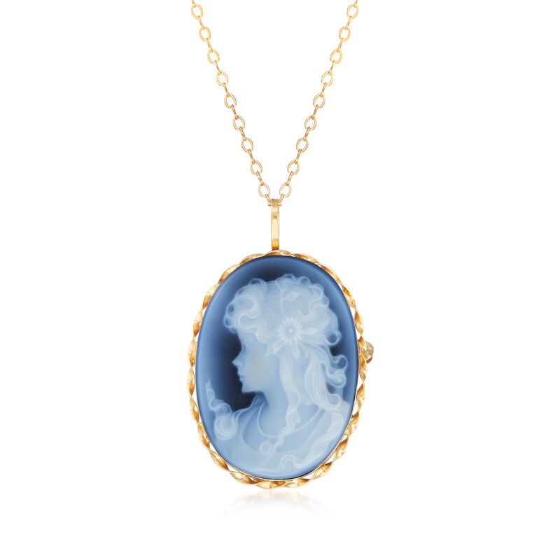 C. 1980 Blue Agate Cameo Pendant Necklace in 14kt Yellow Gold. 18&quot; image number 0