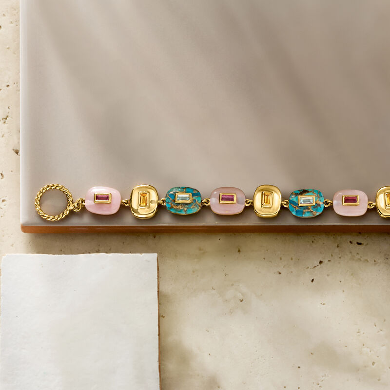 Pink Opal, Turquoise and 1.80 ct. t.w. Multi-Gemstone Overlay Bracelet in 18kt Gold Over Sterling image number 3
