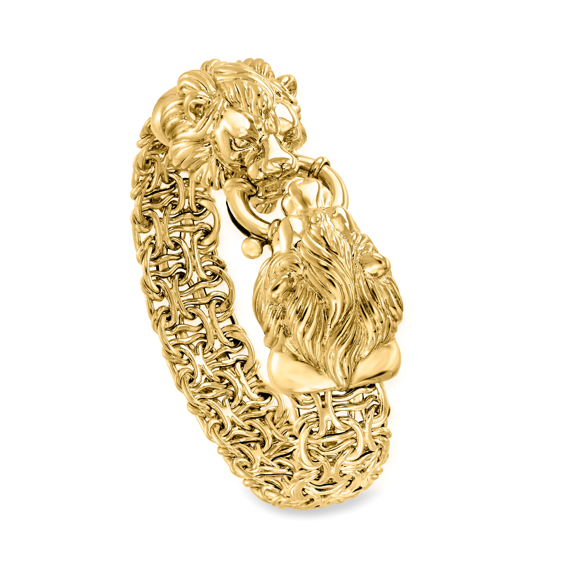 Italian 14kt Yellow Gold Double Lion Head Byzantine Bracelet