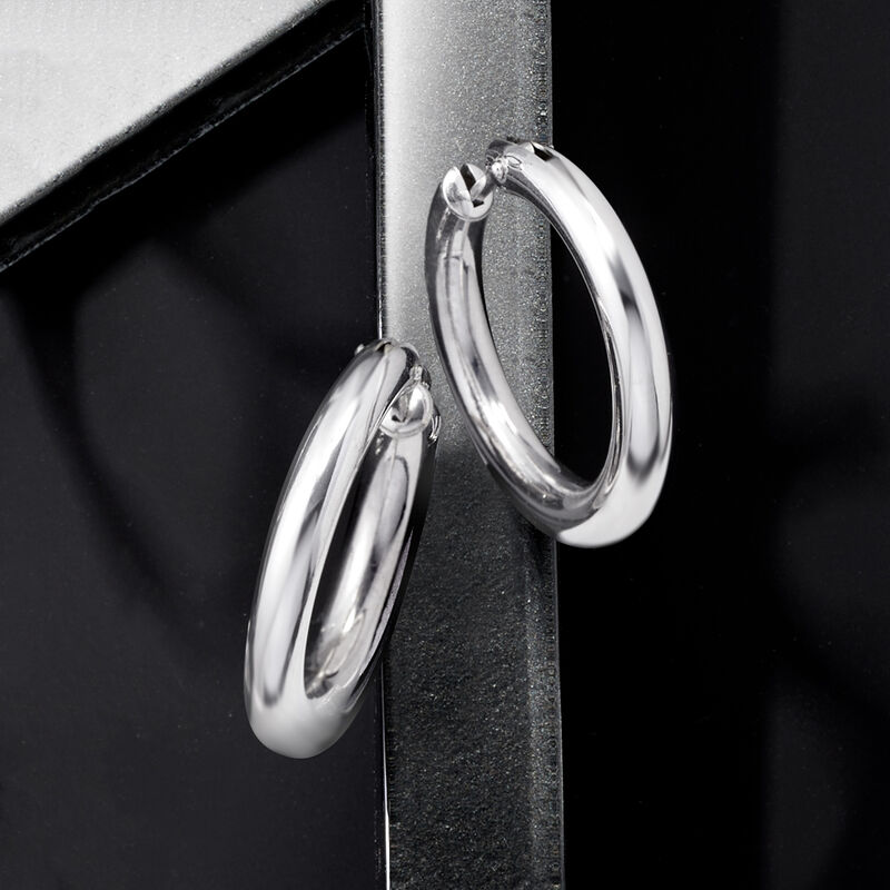 Italian 3mm Sterling Silver Hoop Earrings. 1 1/8&quot; image number 3