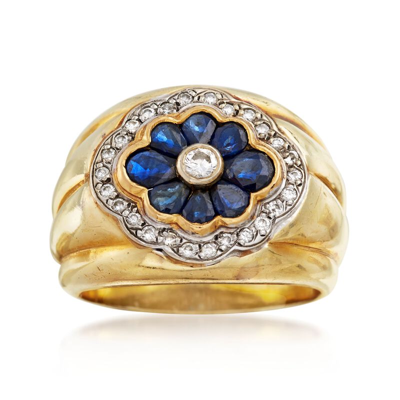 C. 1980 Vintage 1.40 ct. t.w. Sapphire and .35 ct. t.w. Diamond Floral Ring in 14kt Yellow Gold. Size 9 image number 0