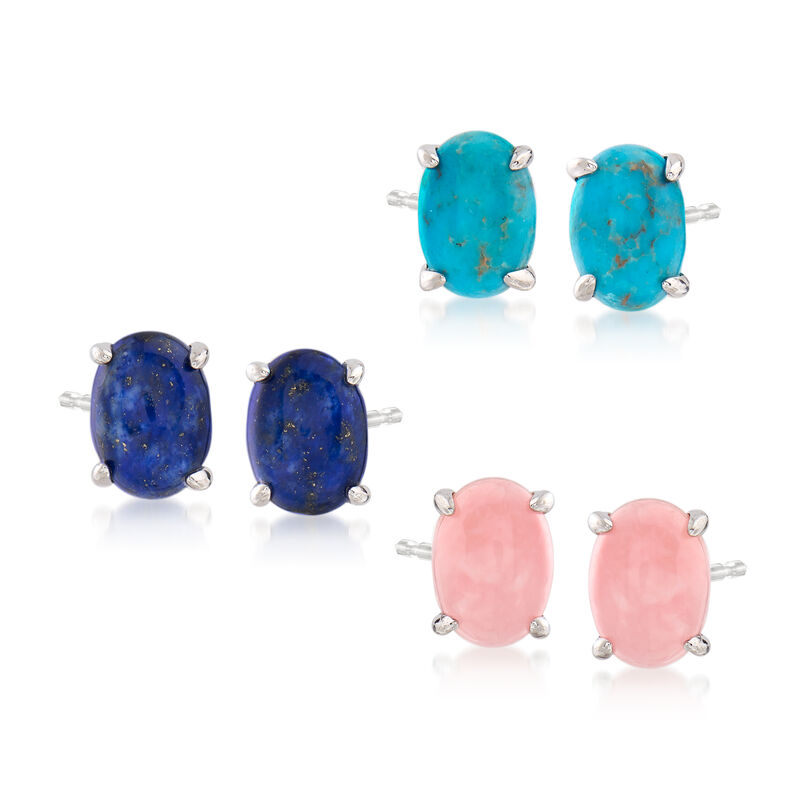 Turquoise, Pink Opal and Lapis Jewelry Set: Stud Earrings in Sterling Silver image number 0