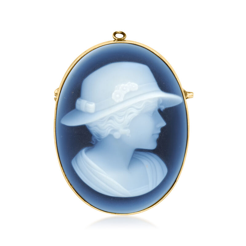 C. 1980 Vintage Black Agate Cameo Pin/Pendant Necklace in 18kt Yellow Gold. 18&quot; image number 3