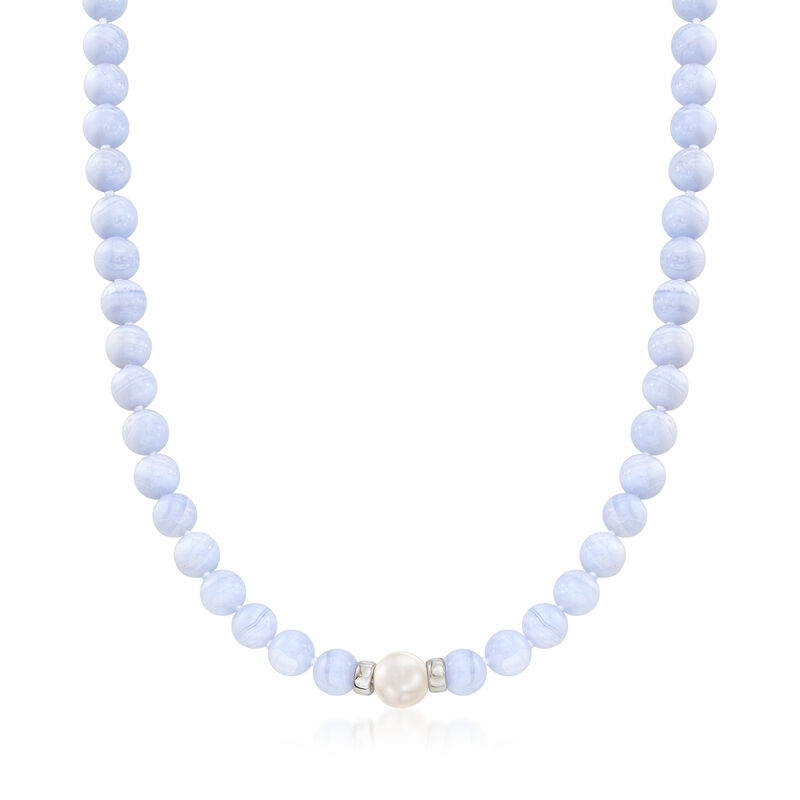 Blue Agate and Cultured Pearl Beaded Necklace in Sterling Silver image number 0