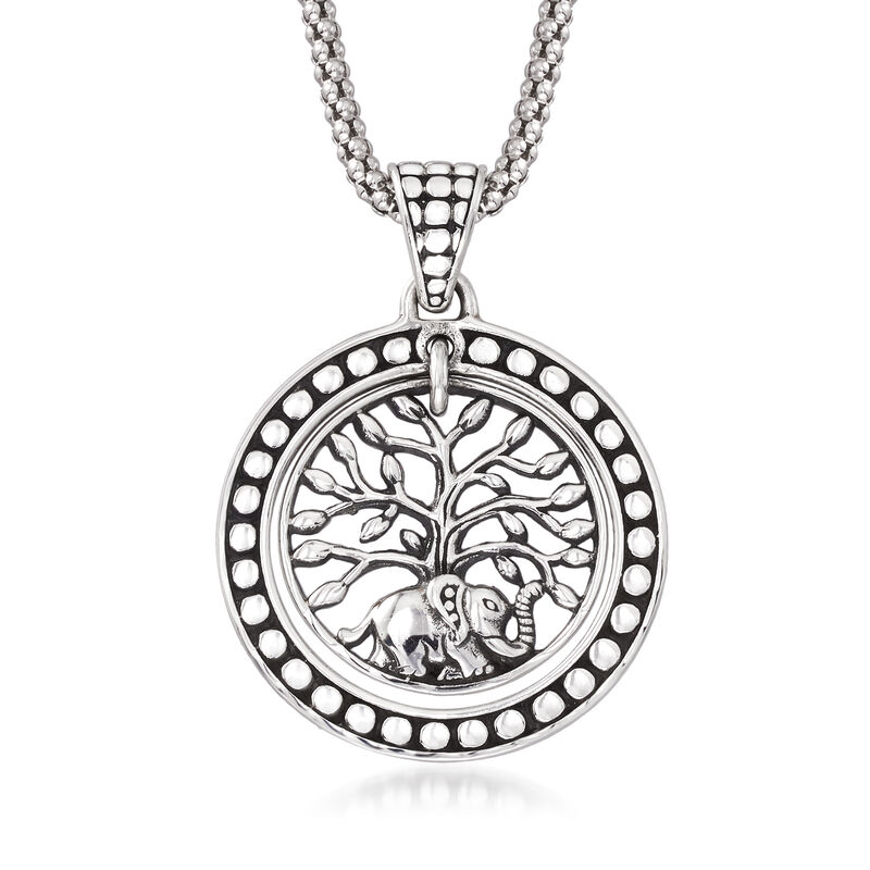 Sterling Silver Bali-Style Elephant and Tree of Life Pendant Necklace image number 0