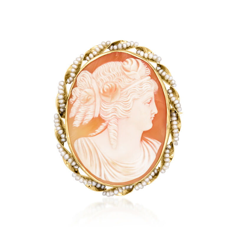 C. 1970 Vintage Orange Shell Cameo Pin/Pendant with Seed Pearls in 10kt Yellow Gold image number 3