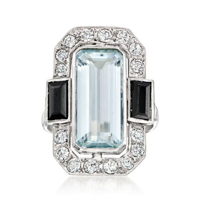 C. 2000 Vintage 4.25 Carat Aquamarine and Onyx Ring with .75 ct. t.w. Diamonds in Platinum
