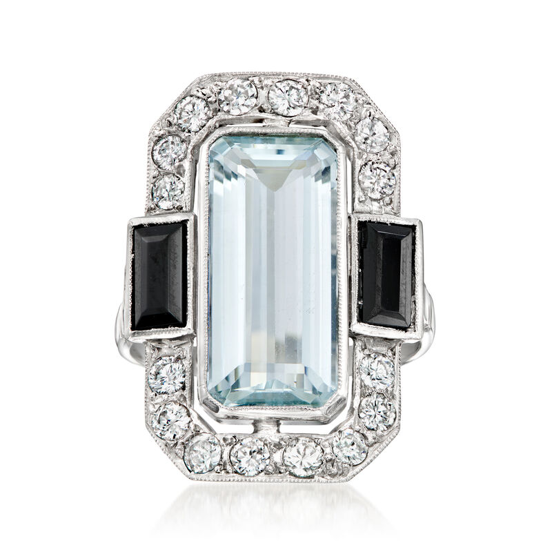 C. 2000 Vintage 4.25 Carat Aquamarine and Onyx Ring with .75 ct. t.w. Diamonds in Platinum. Size 6 image number 0