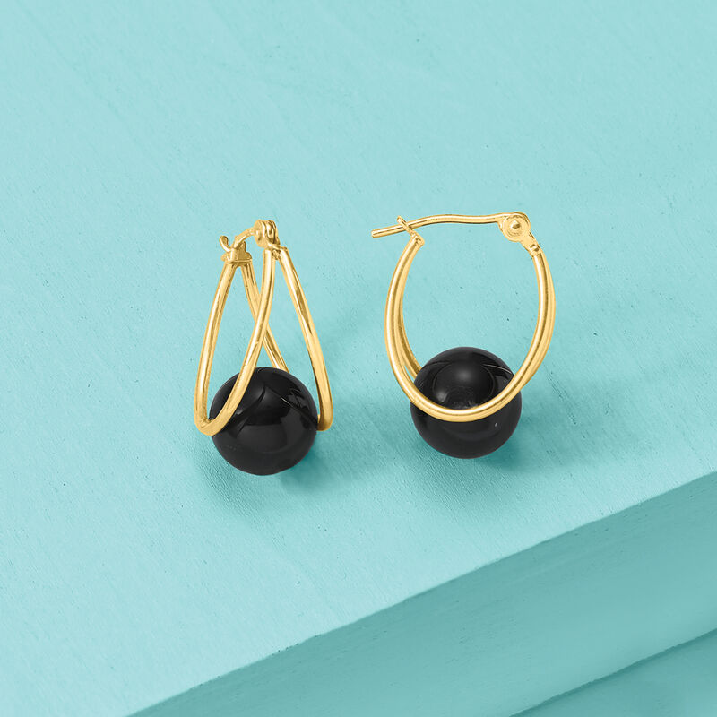 Black Onyx Double-Hoop Earrings in 14kt Yellow Gold. 3/4&quot; image number 3