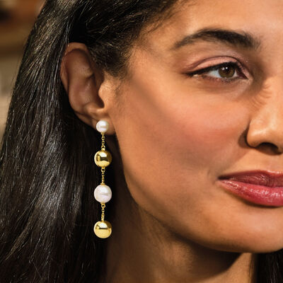 7.5-10.5mm Cultured Pearl and 10mm 18kt Gold Over Sterling Ball Drop Earrings