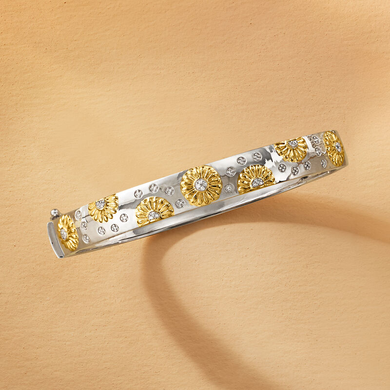 Diamond Sunflower Bangle Bracelet in Two-Tone Sterling Silver. 7" image number 3