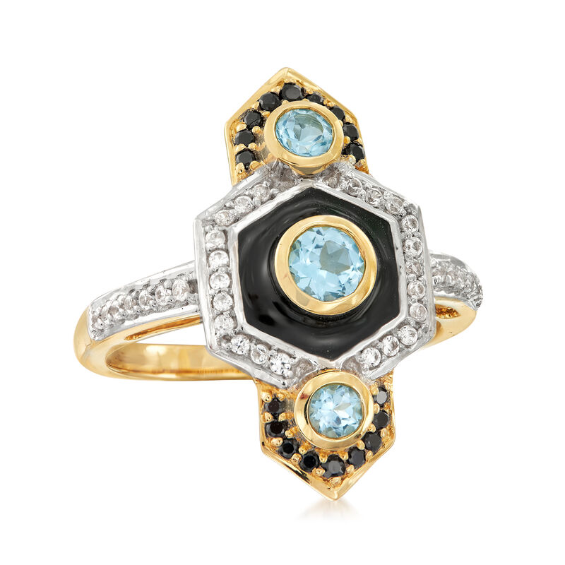 .90 ct. t.w. Multi-Gemstone Vintage-Style Ring with Black Enamel in 14kt Yellow Gold image number 2