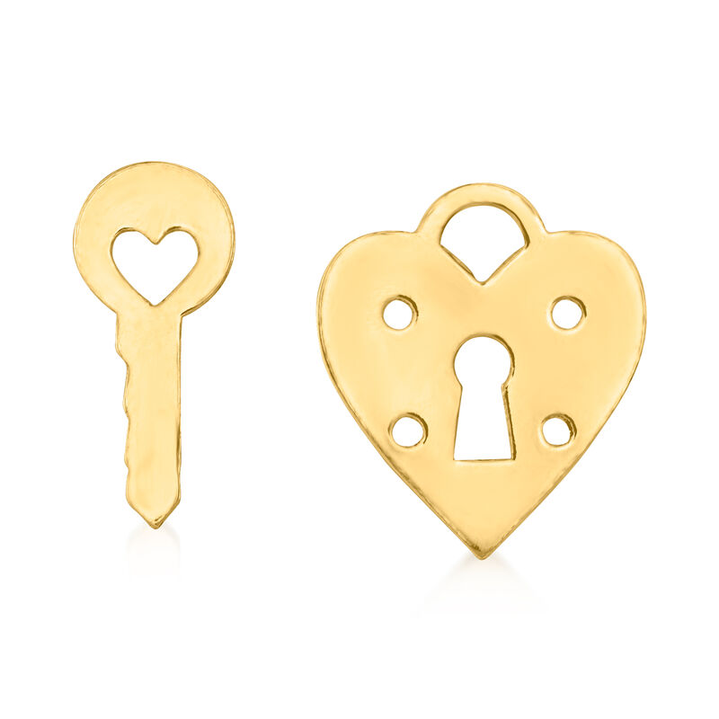 Italian 14kt Yellow Gold Mismatched Heart Lock and Key Earrings image number 0