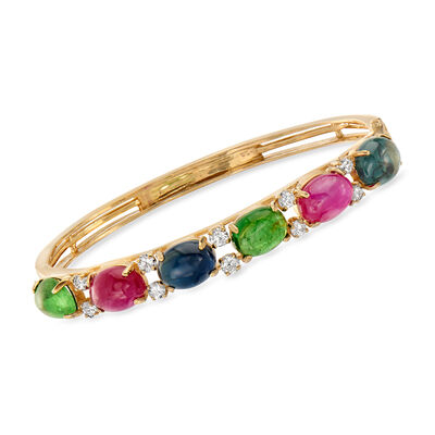 C. 1980 Vintage 22.20 ct. t.w. Ruby, Sapphire and Tsavorite Bracelet with 1.40 ct. t.w. Diamonds in 14kt Yellow Gold