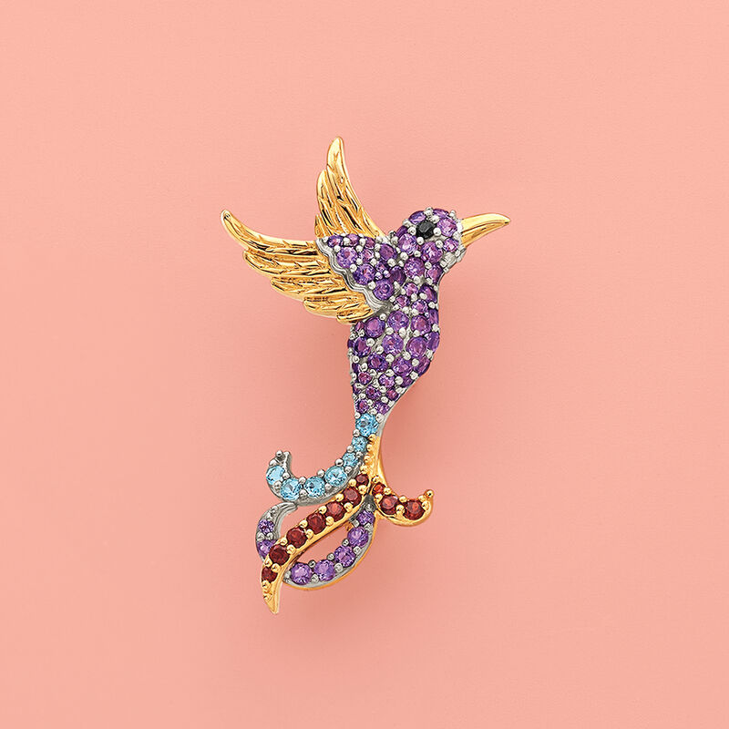 1.74 ct. t.w. Multi-Gemstone Hummingbird Pin Pendant in 18kt Gold Over Sterling image number 2