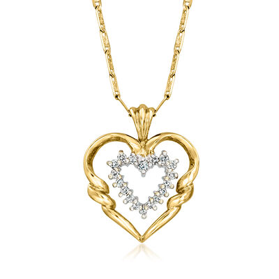 C. 1990 Vintage .20 ct. t.w. Diamond Double-Heart Pendant Necklace in 10kt Two-Tone Gold