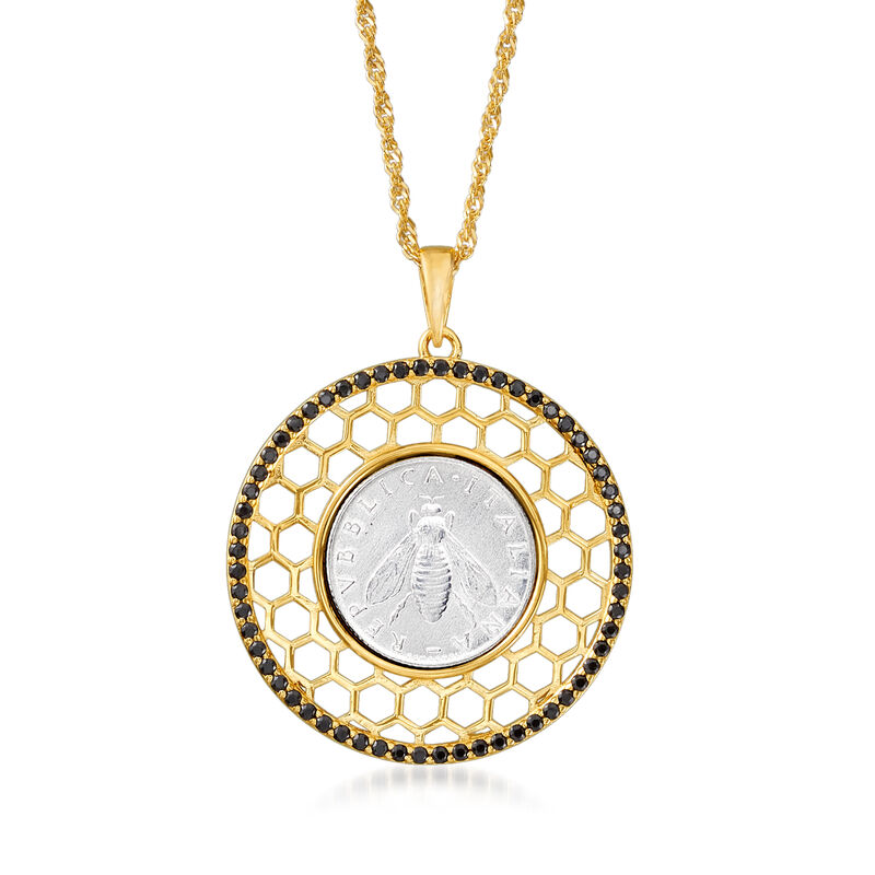 Italian .50 ct. t.w. Black Spinel Genuine Bumblebee Lira Coin Pendant Necklace in 18kt Gold Over Sterling image number 0