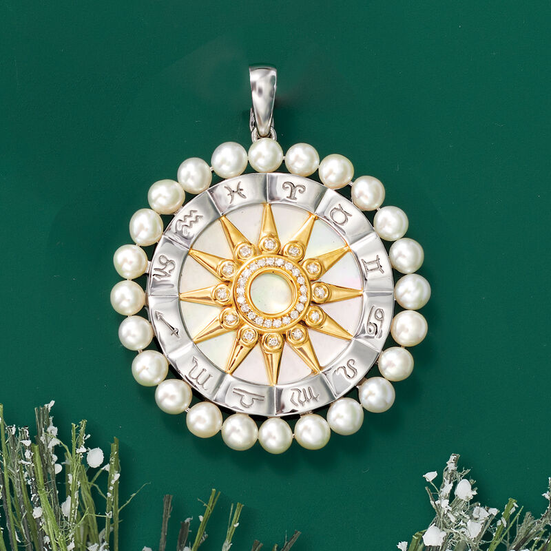 Mother-Of-Pearl and 3.5-4mm Cultured Pearl Zodiac Pendant with .10 ct. t.w. Diamonds in Two-Tone Sterling Silver image number 3